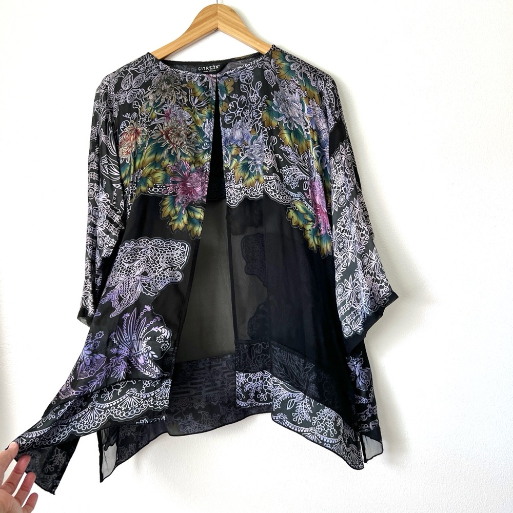 Citron Santa Monica Japanese Floral Silk Kimono NWOT